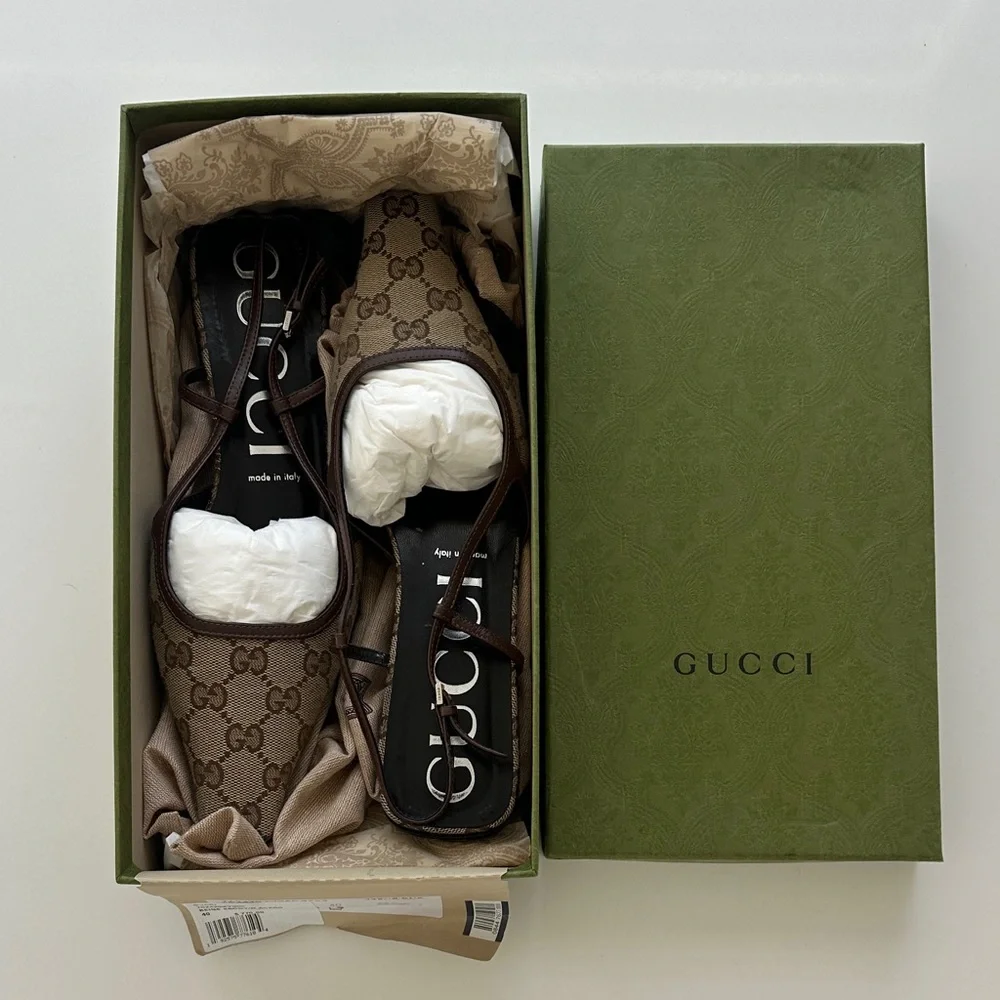 Gucci Beige Monogram Slingback Flats - Picture 1 of 13